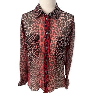 Equipment Brand shear red silk leopard print blouse